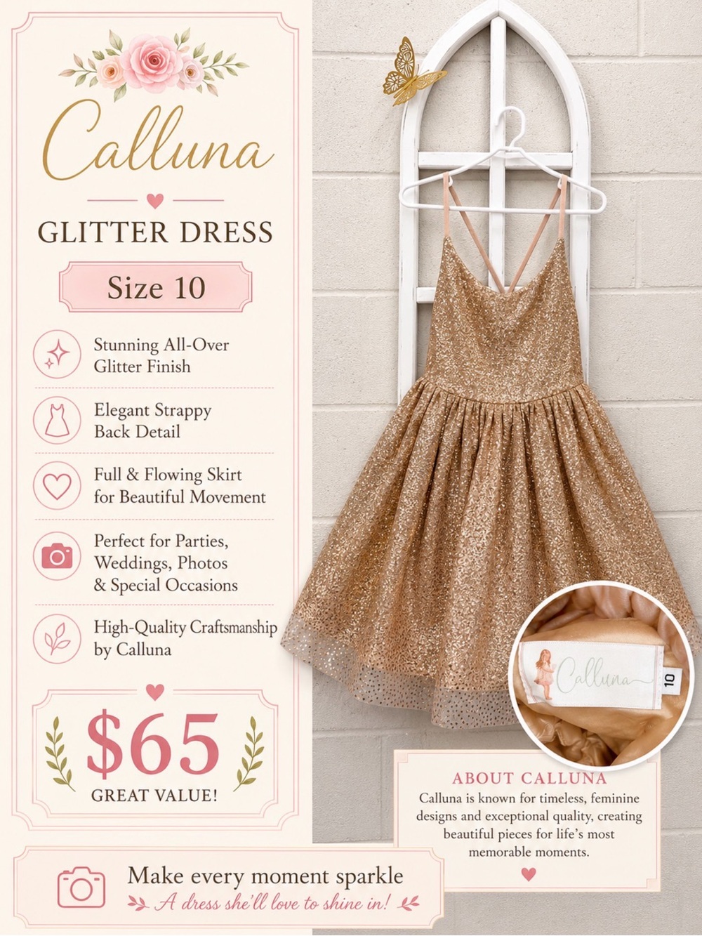 Girls' Gold Glitter Strappy Formal Dress - Size 10